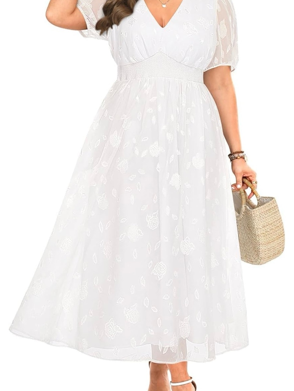 Smocked-Waist White Pinup Fashion Midi Dress with V-Neck